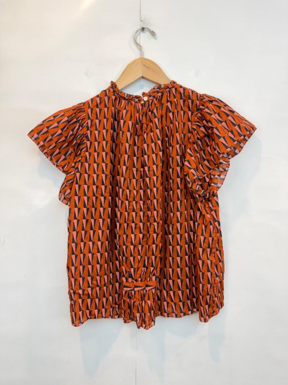 Birds of Paradise by Trovata Carla Peasant Blouse Orange Geometric Print Small - Picture 2 of 5